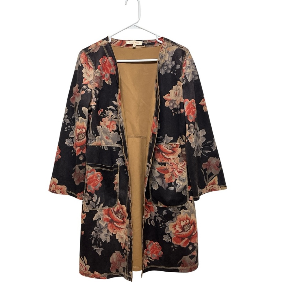 Solitaire Anthropologie Boho Floral Open Front Cardigan, Kimono, Suede Coat Sz M